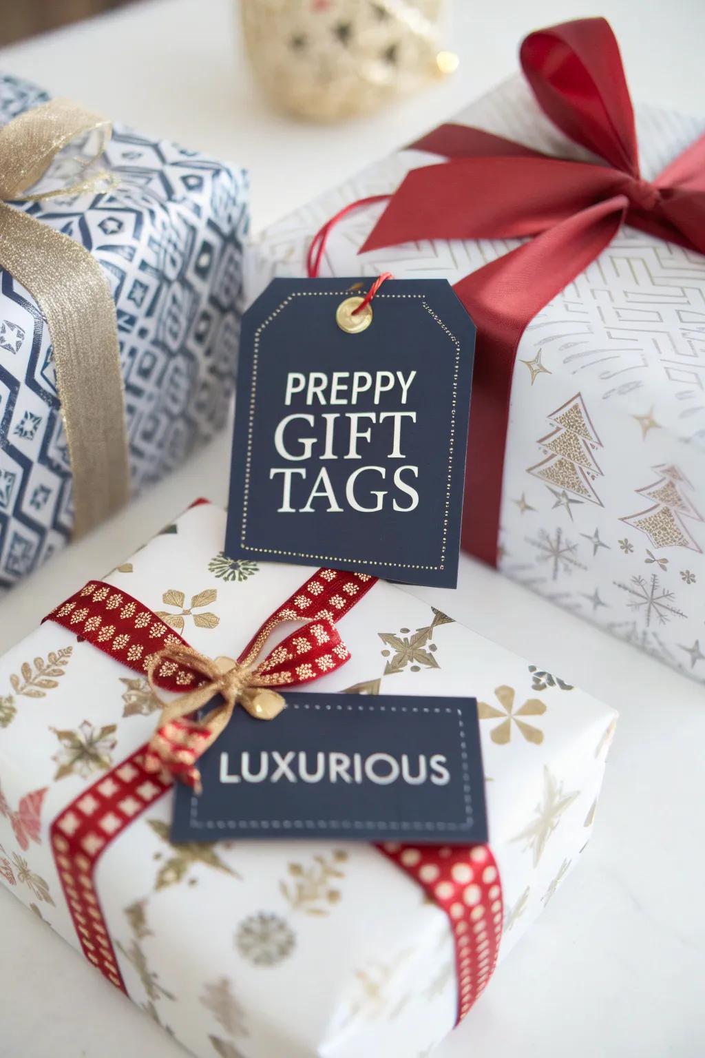 Preppy present labels add a touch of elegance to holiday presents.