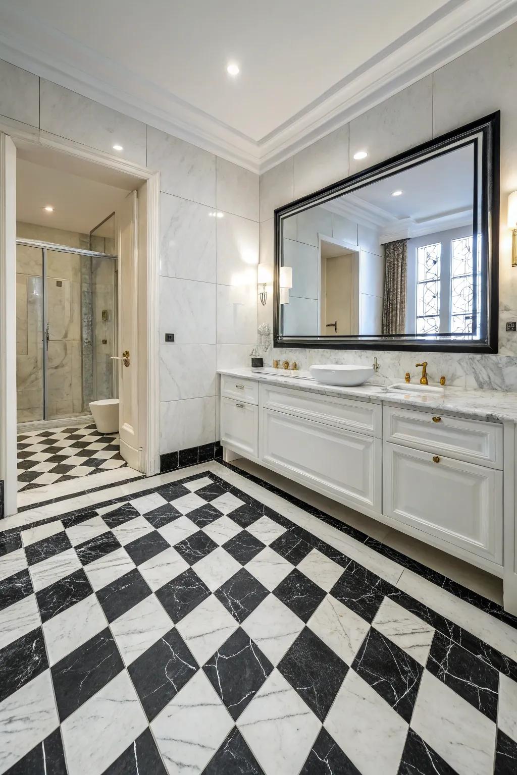 A statement floor transforms your bathing space into an artistic expanse.