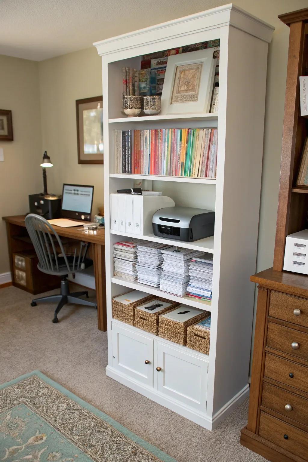 A bookcase transformed for practical and stylish paper storage.