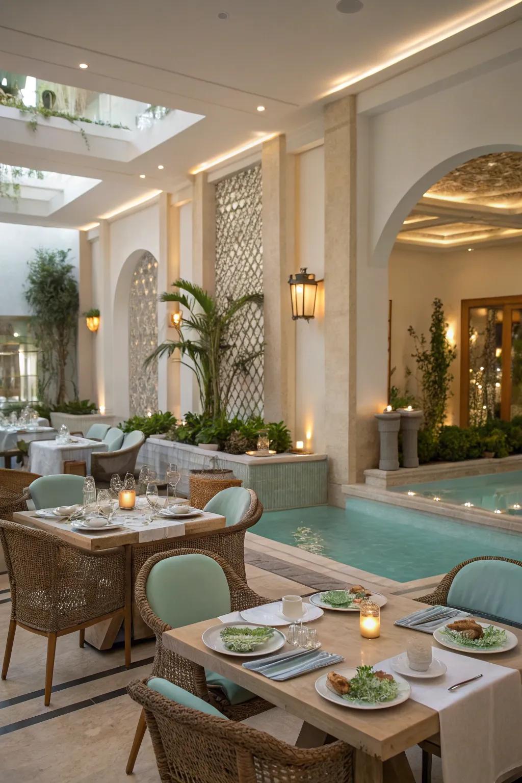 A dining area with spa-inspired décor, offering light dishes and calming elements.