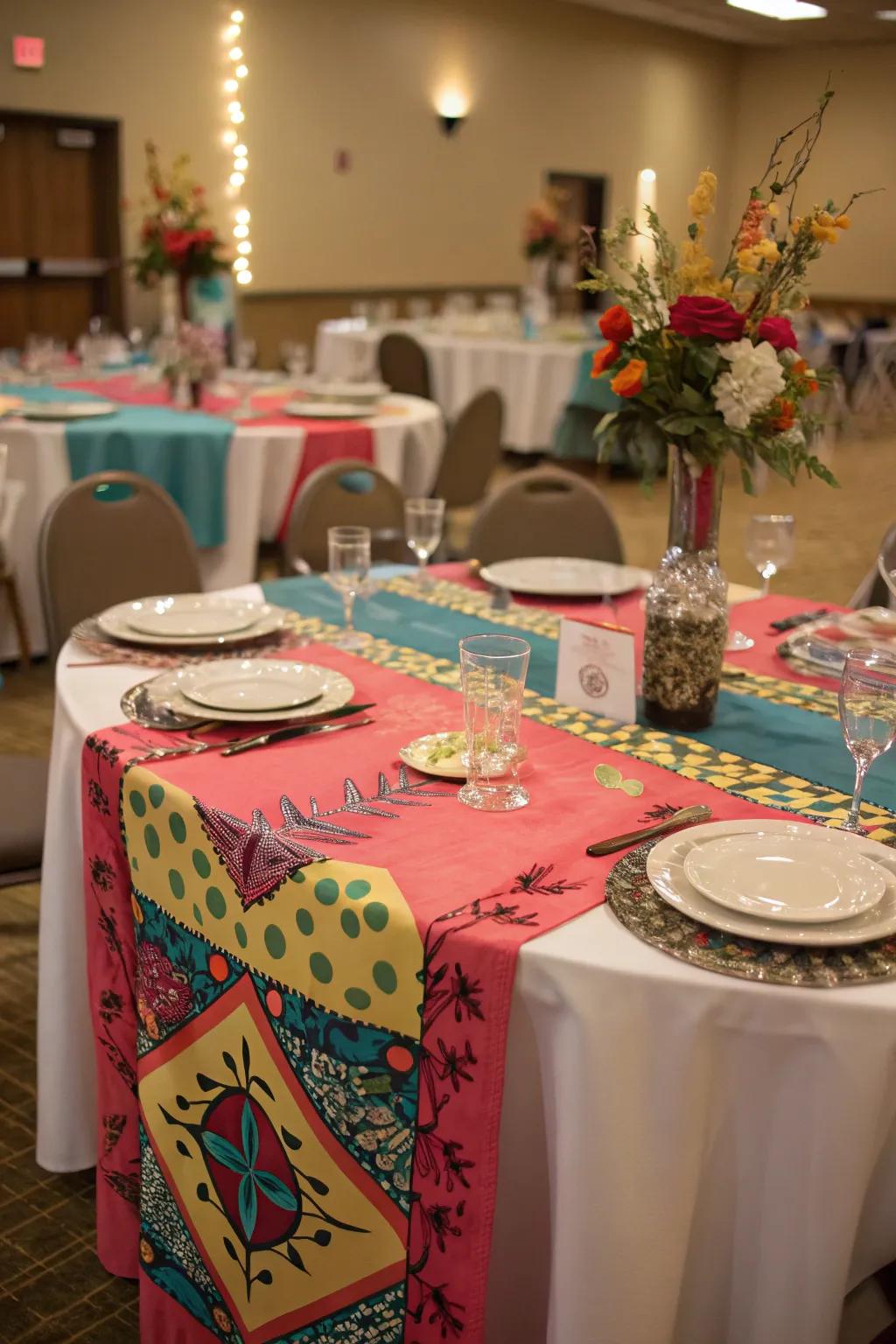 Themed table fabrics and paths append hue and composition.