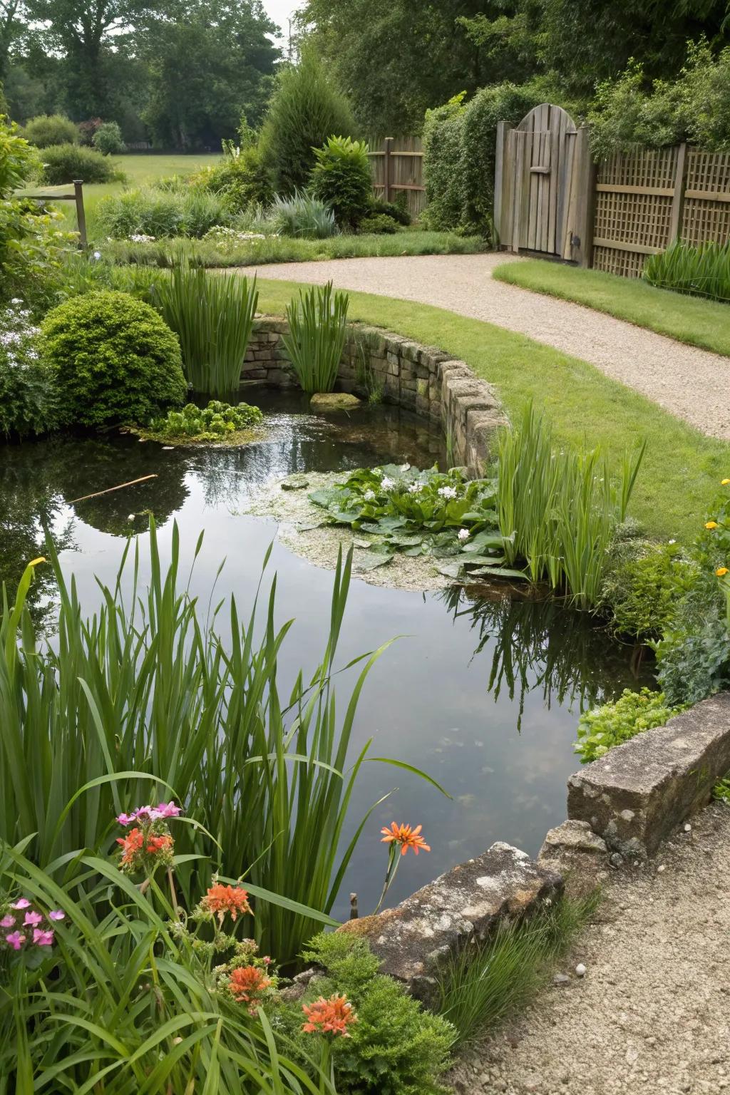 Serene water feature enhancing property boundaries.