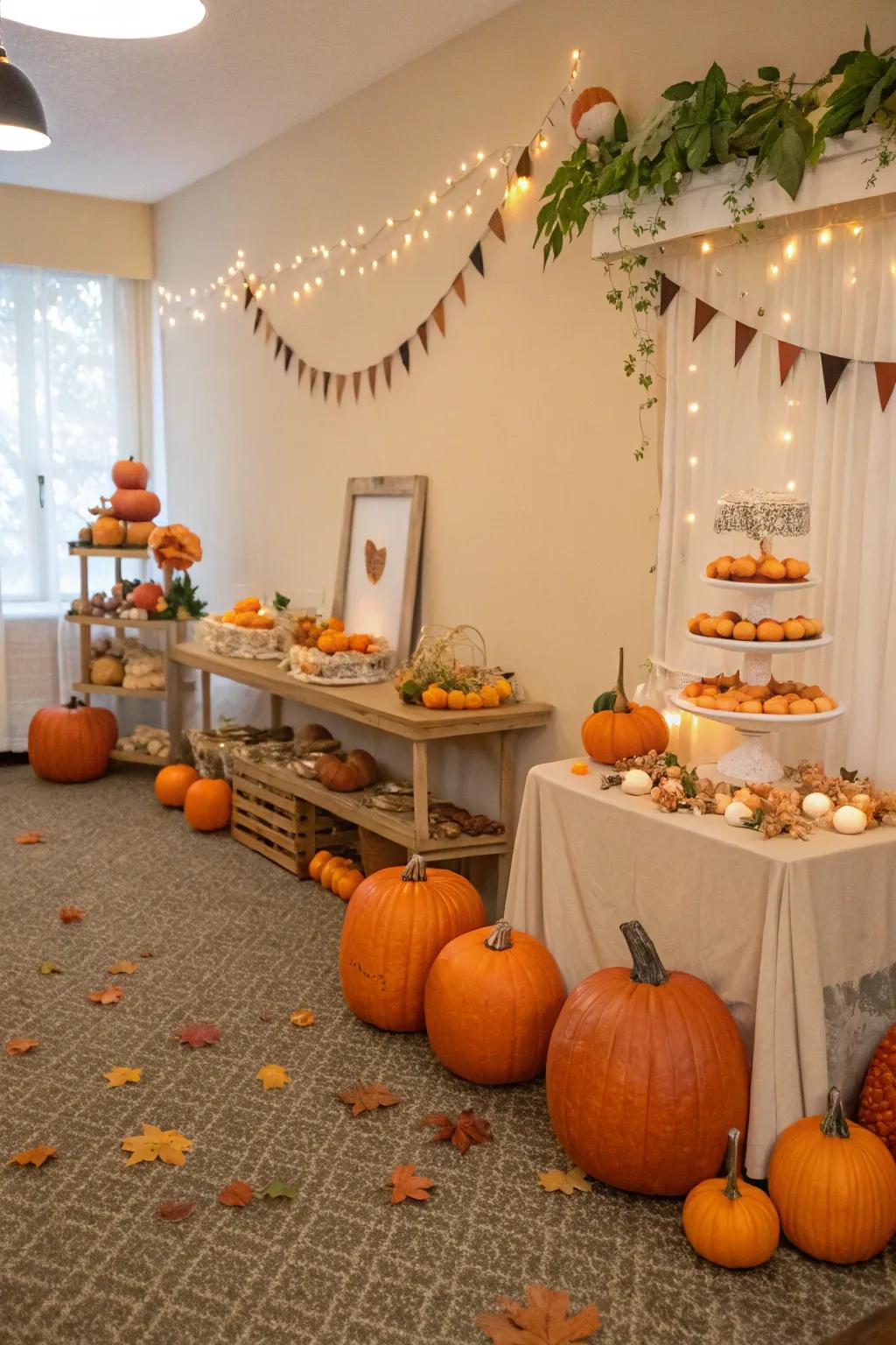 Scaled down pumpkins contribute a playful element to the decor.