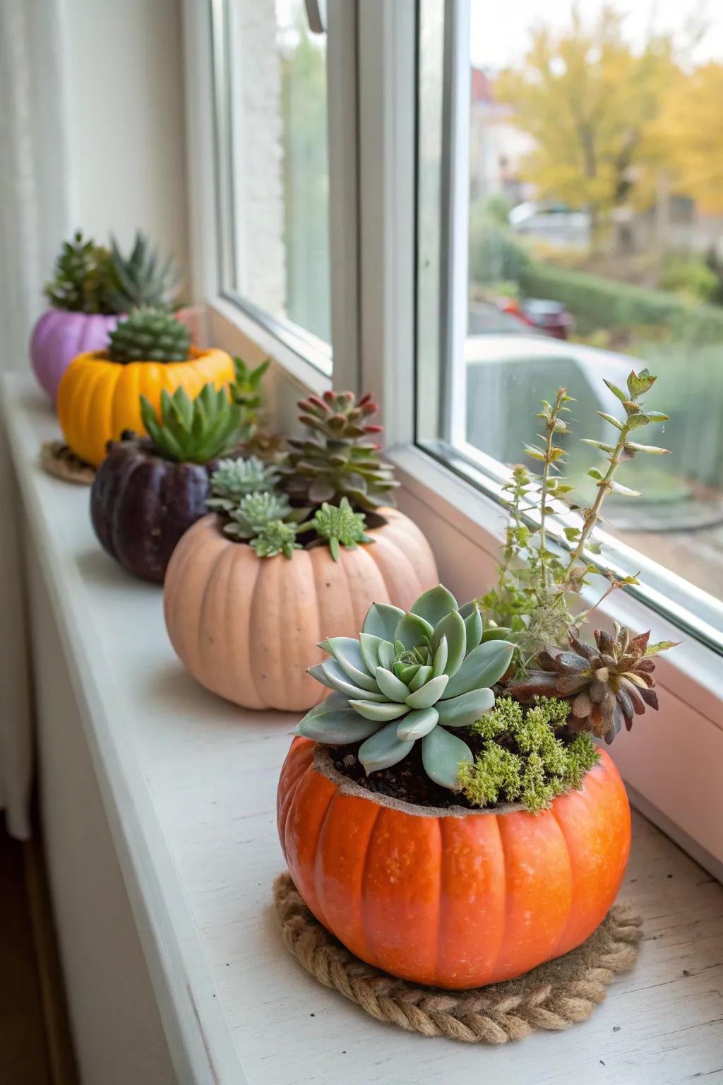 Pumpkins beautifully repurposed as adorable planters.