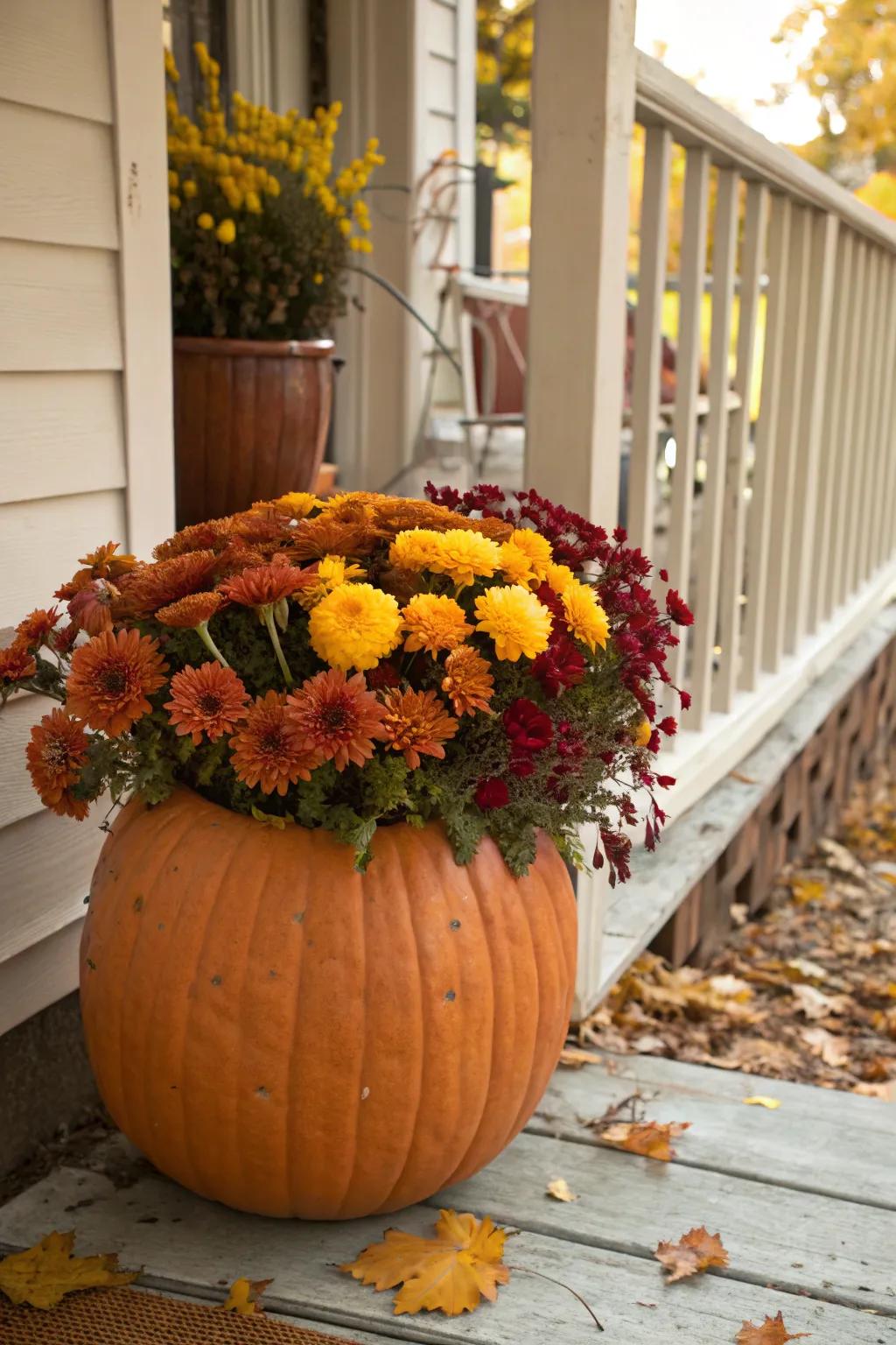 A gourd planter showcasing vibrant autumn blossoms.