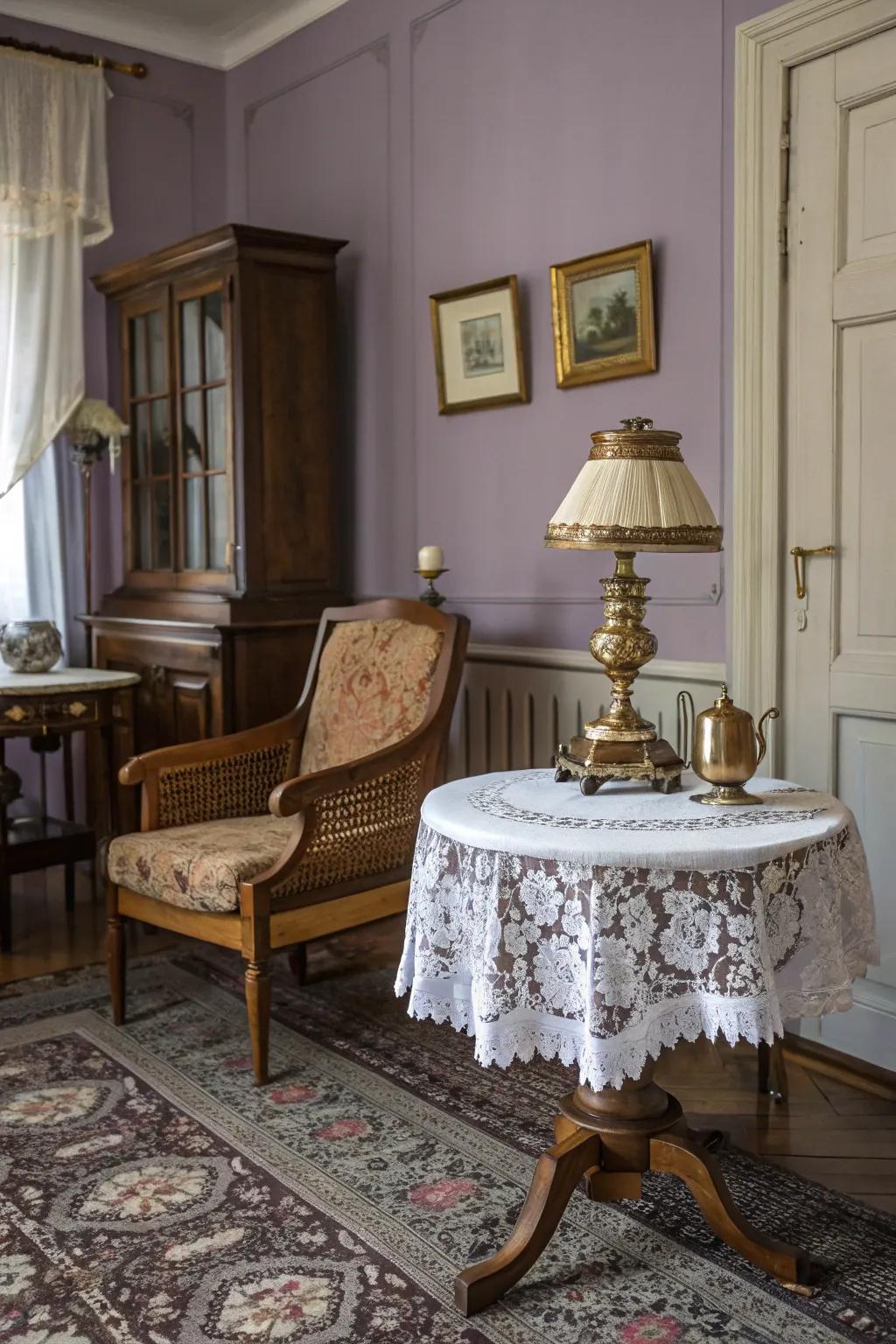 A vintage-inspired room enhanced by muted purple walls.