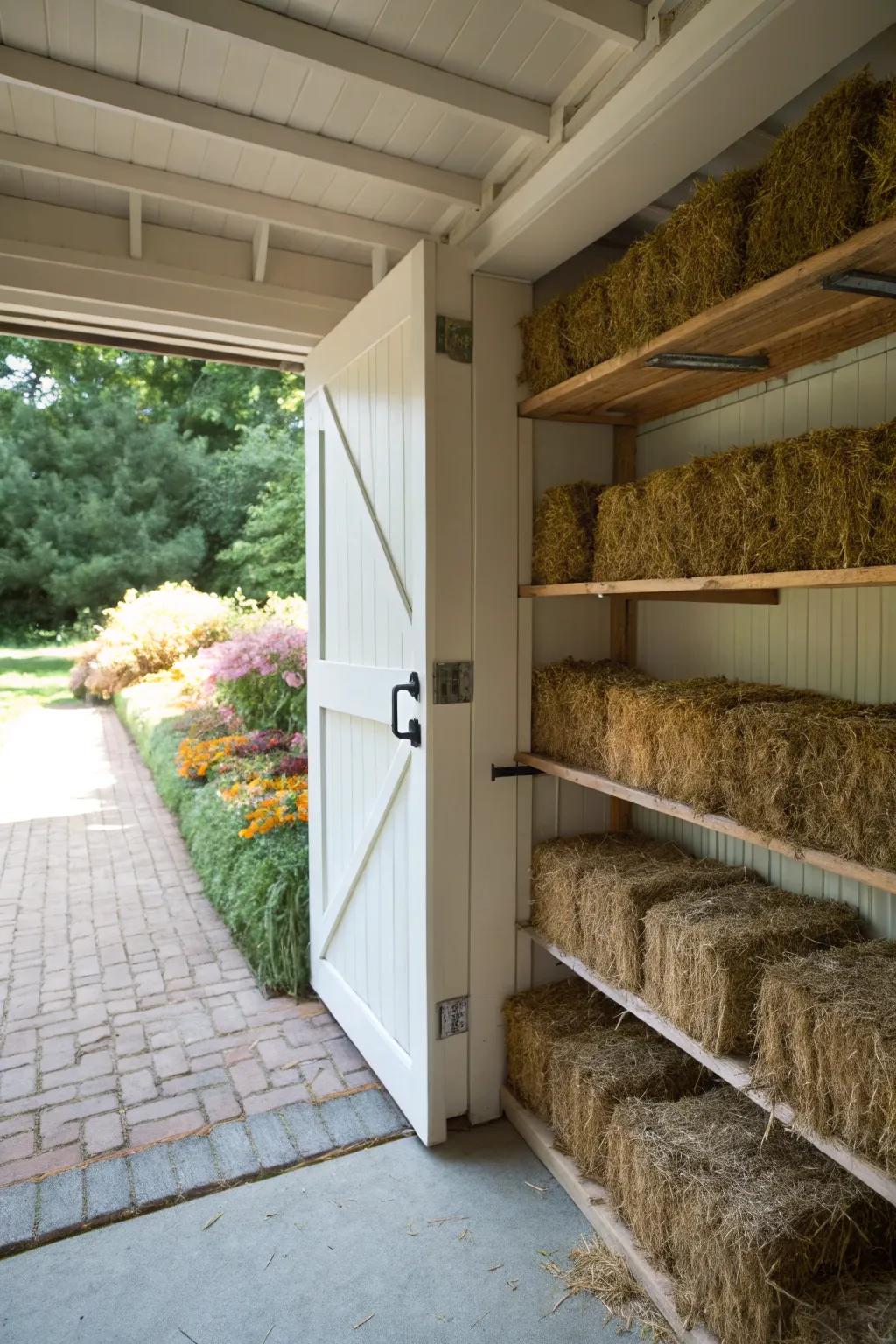 An outdoor shed offers plentiful space for storing hay.