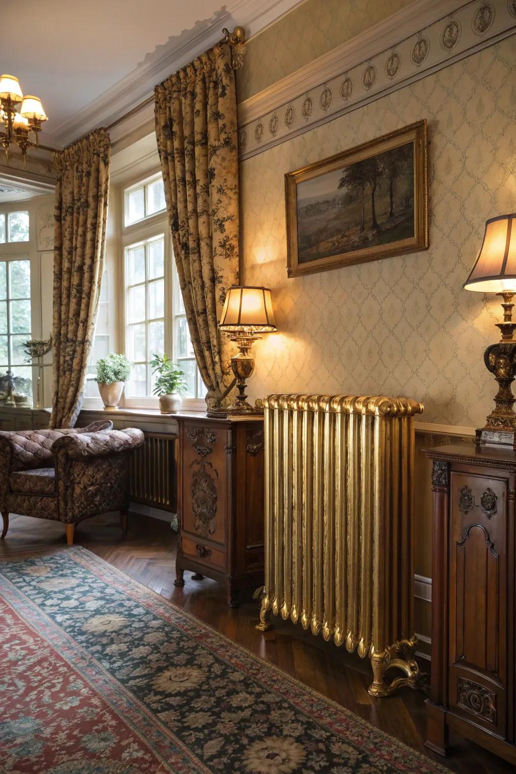 Gilded radiators evoke glamorous touches.
