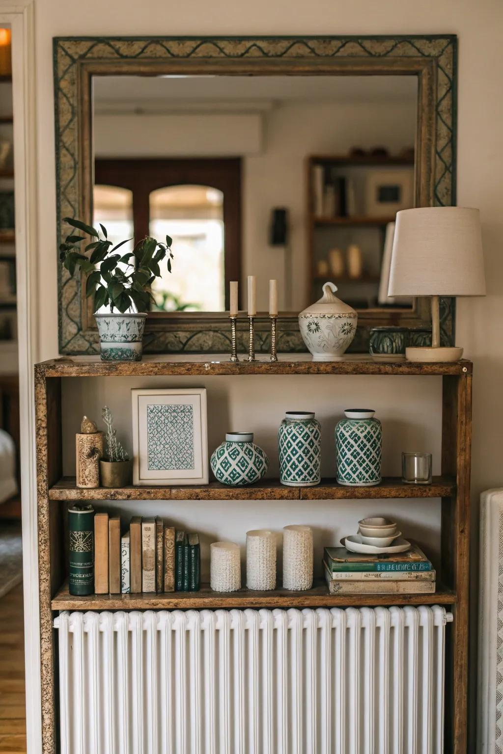 Balance your space and create visual harmony with symmetrical styling on your radiator shelf.