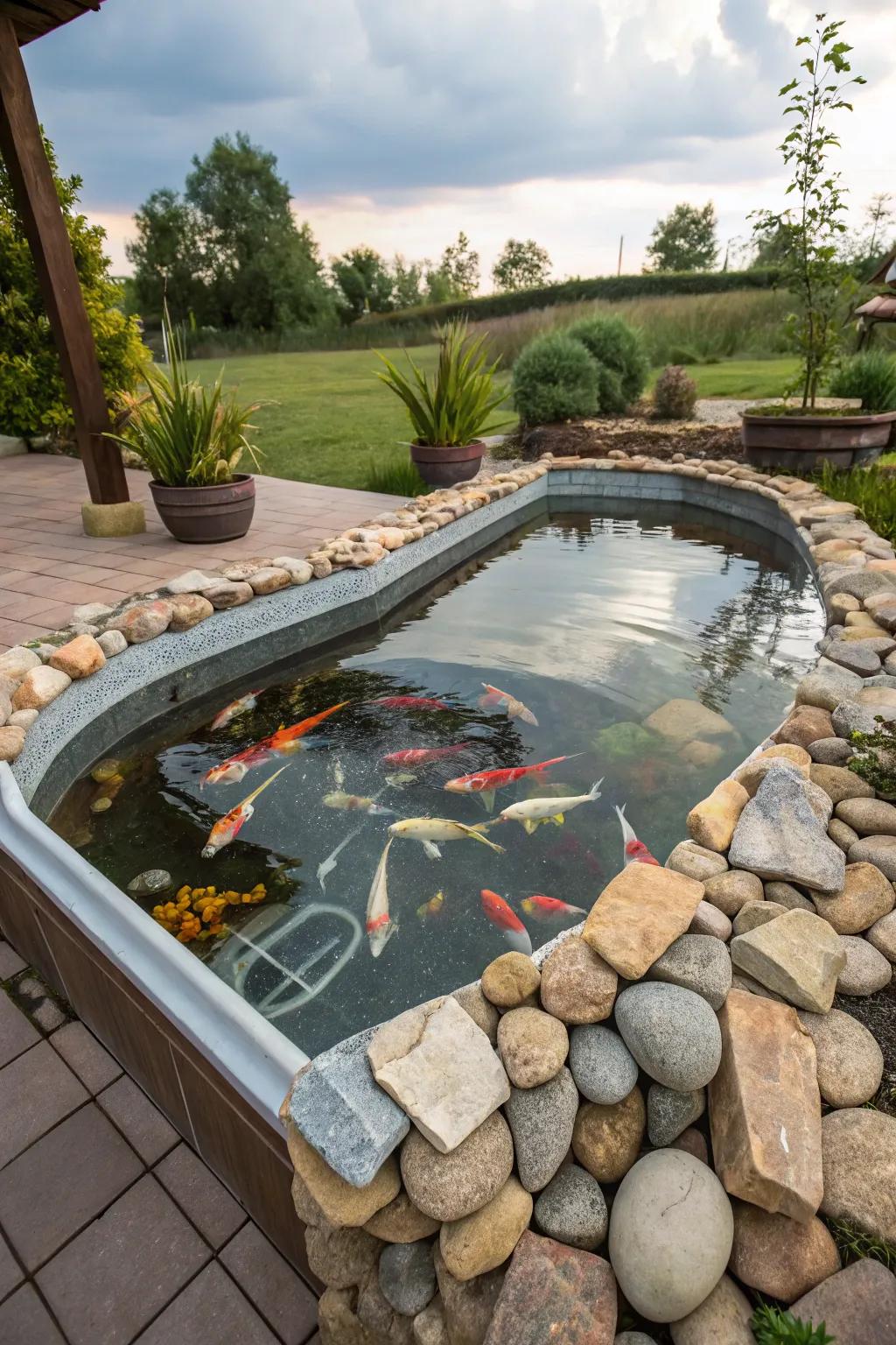 A creative conversion of a jacuzzi into a koi pond.