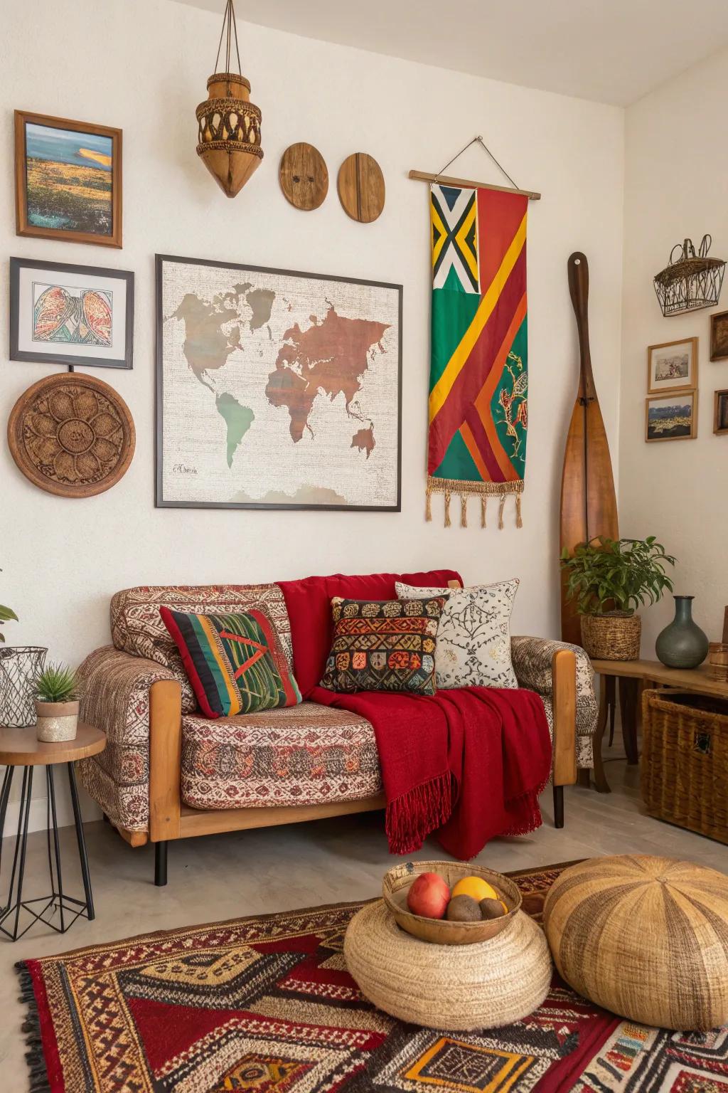 A culturally immersive living room inspired by global travels.