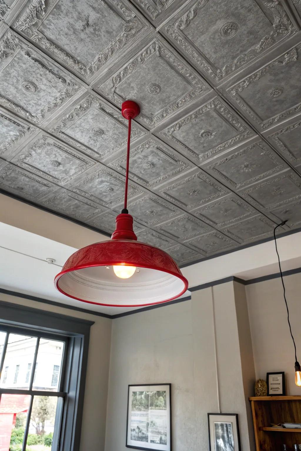 A grey ceiling highlighted by a striking crimson light fixture.