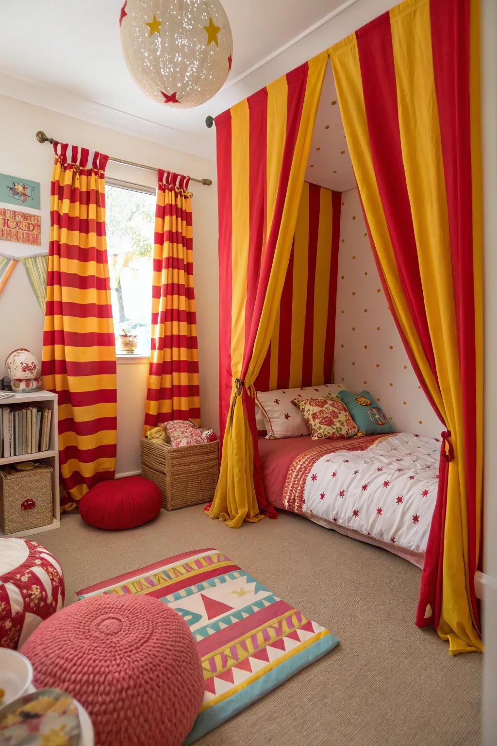Striped curtains in red and yellow bring a playful and vibrant feel to this bedroom.