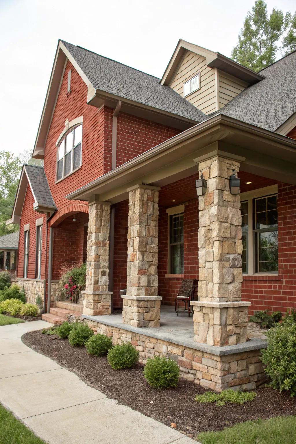 Stone highlights introducing texture to this red brick home.