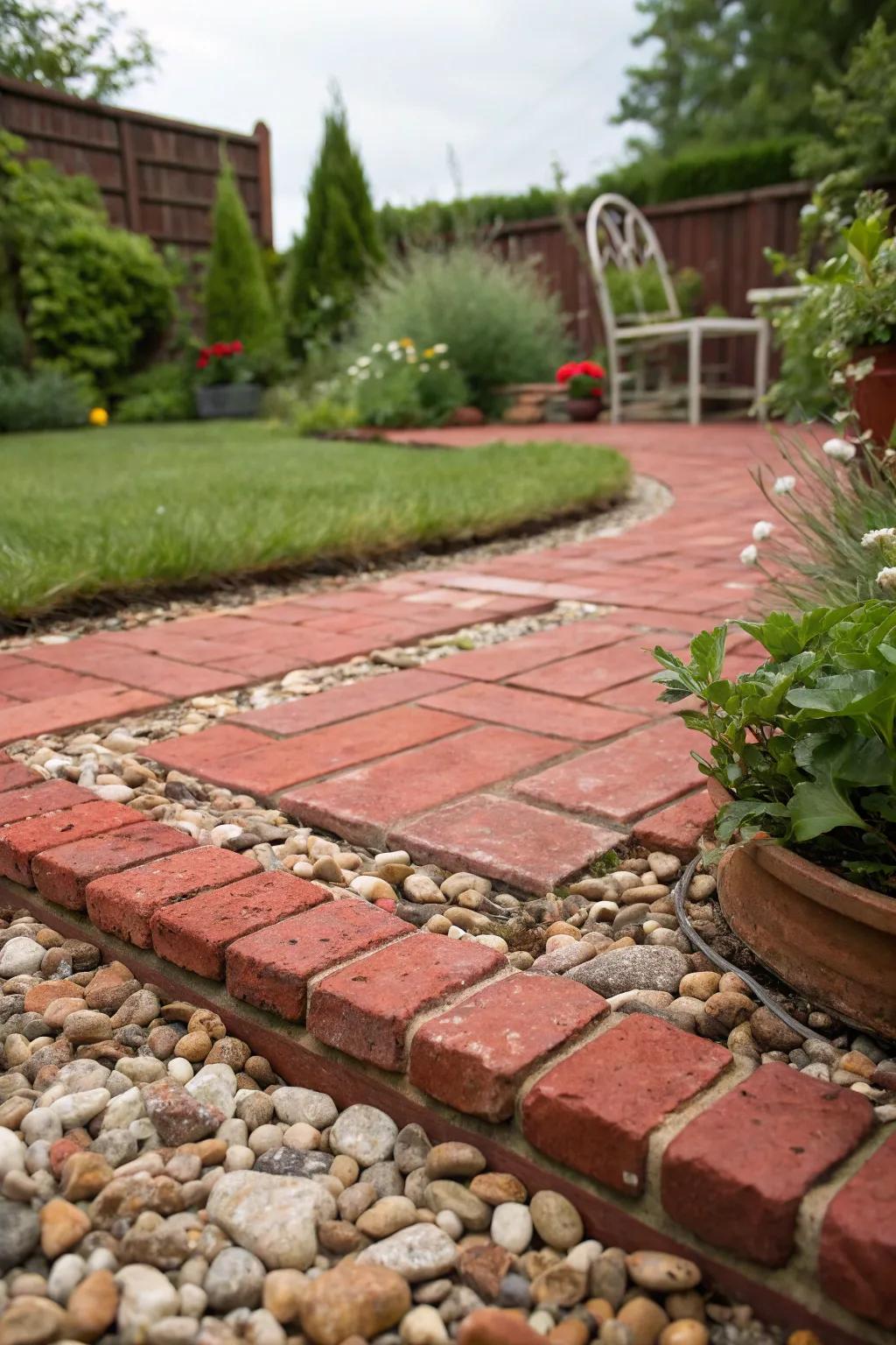 A red brick patio beautifully accented with crushed stone surface