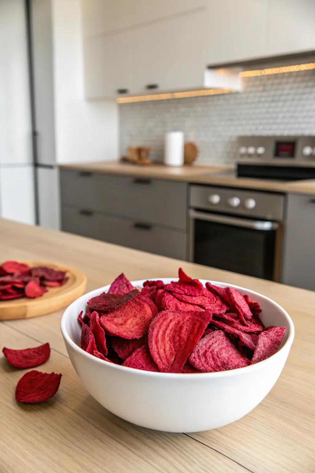 Beet chips present a crunchy and colorful snacking alternative.