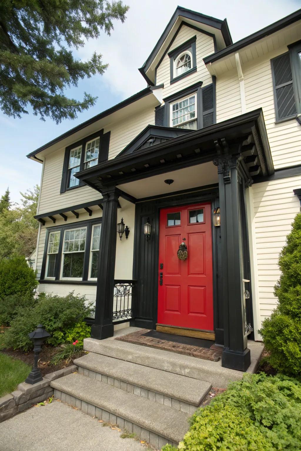 Home with a crimson door and charcoal trim, epitomizing timeless elegance.
