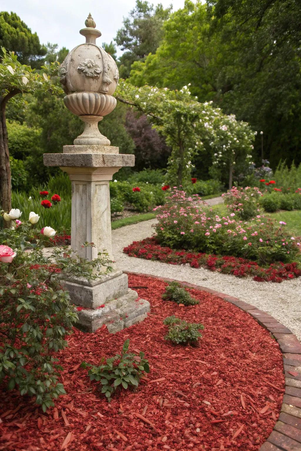 Vibrant mulch highlights garden sculptures, turning them into elegant focal points.