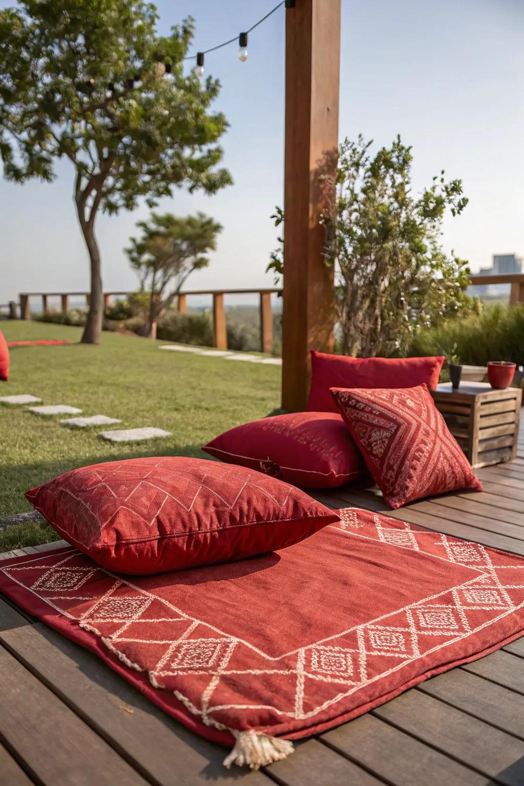 Rouge accents bring vibrant style to this cozy outdoor space.
