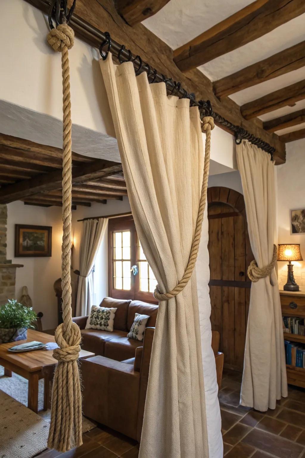 Rope suspension adds a natural and cozy vibe to curtain setups.