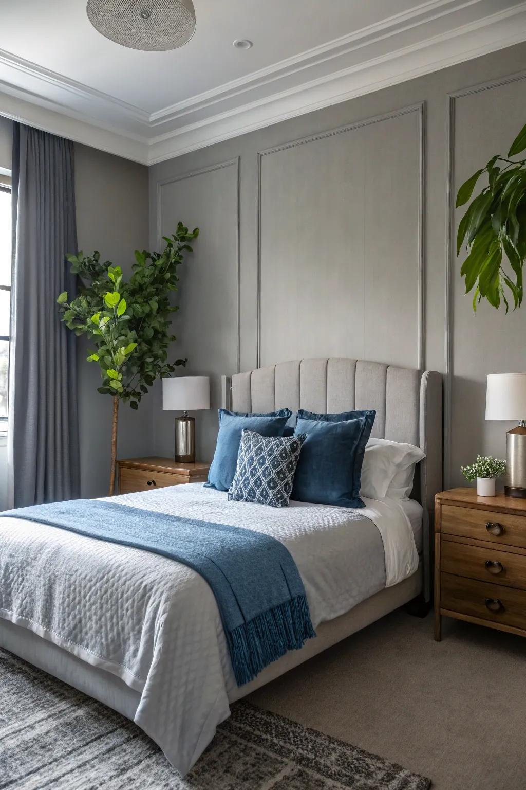 A splash of color introduces vibrancy to a repose gray bedroom.