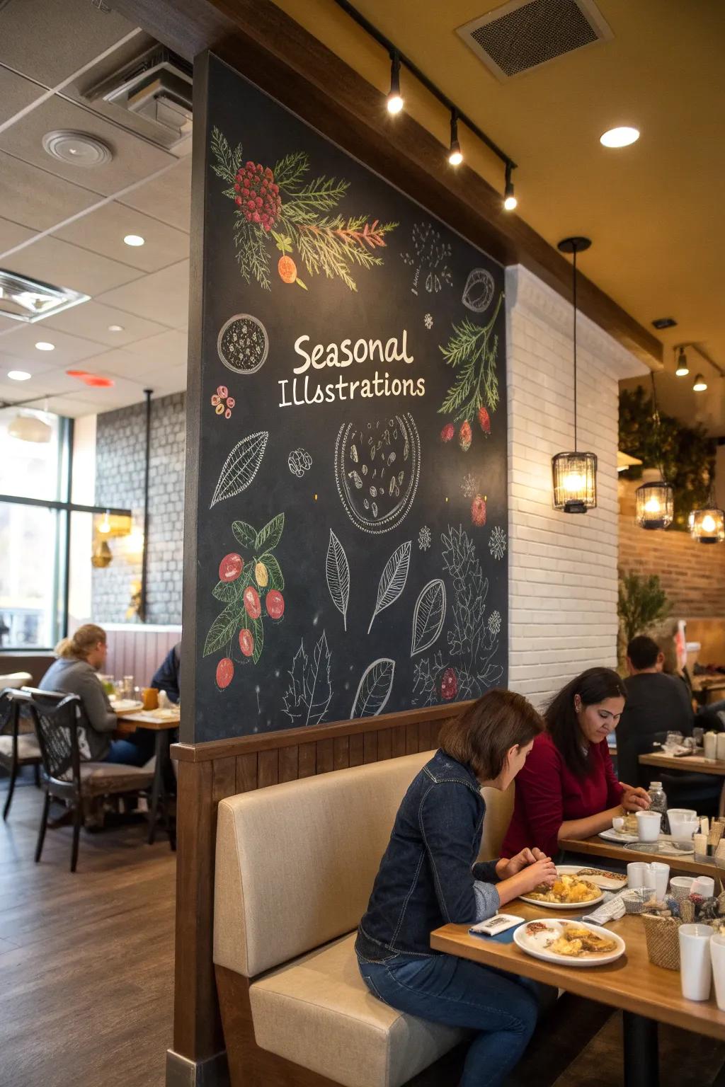 A chalkboard adorned with seasonal illustrations, enhancing the eatery's inviting atmosphere.