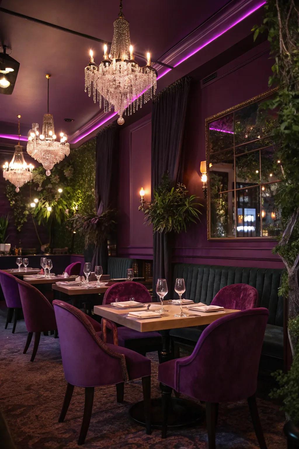 A romantic restaurant interior, drenched in luxurious shades of purple.