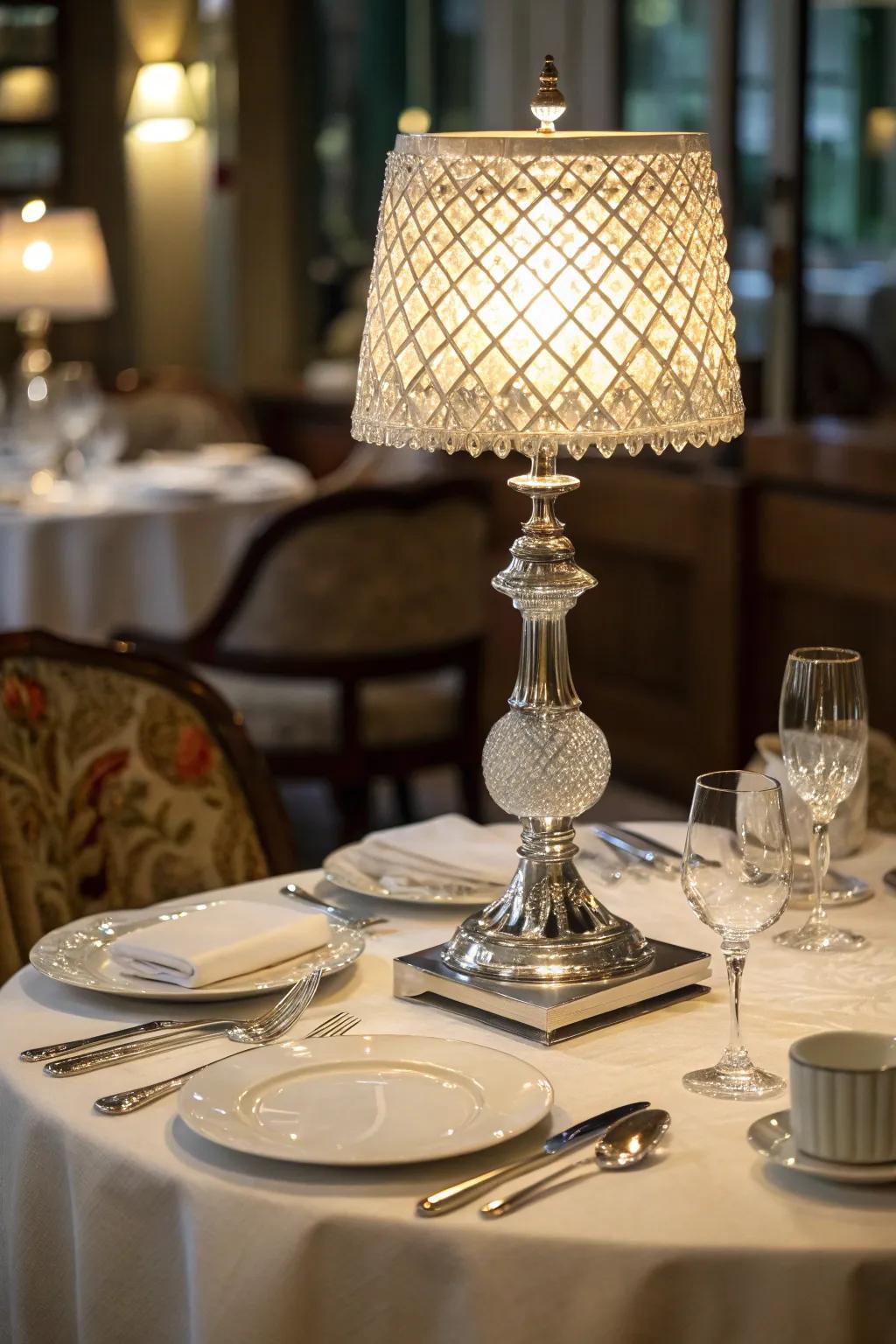 A crystal table lamp graces a sophisticated restaurant table setting.
