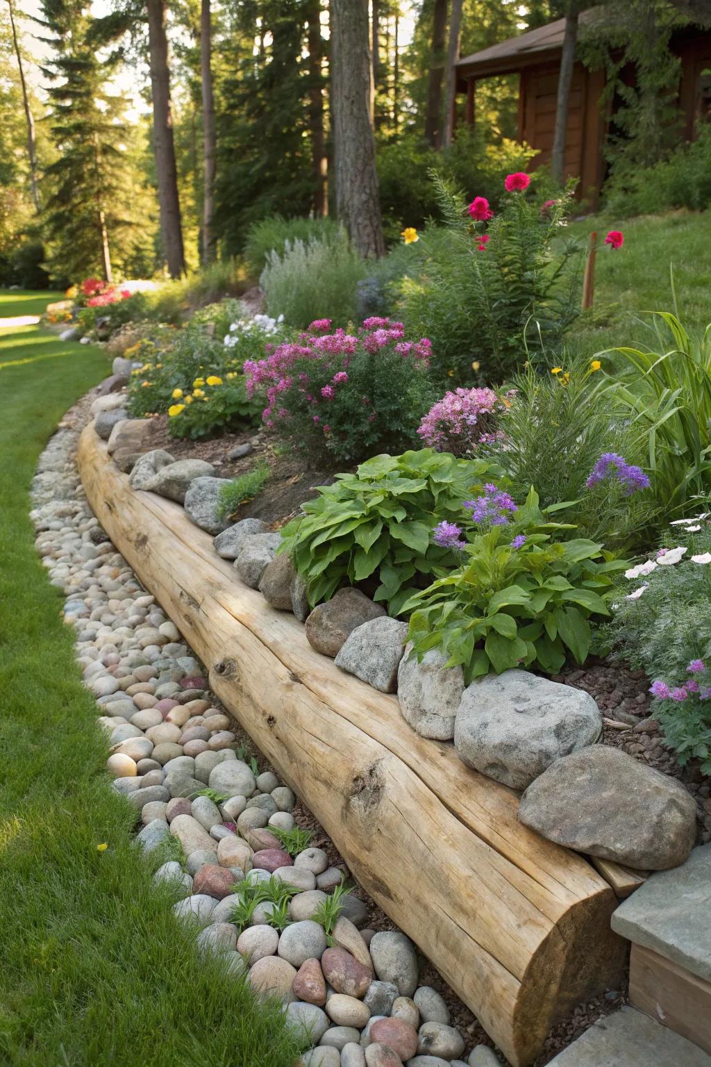 A blend of timber and boulders crafts a warm, rustic garden border.