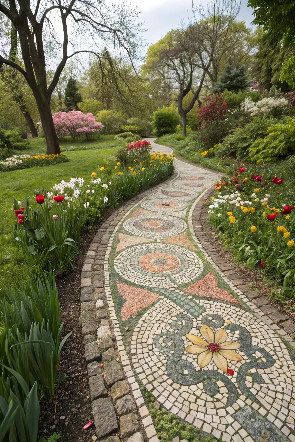 Mosaic paths extend a singular and artistic nuance to garden walkways.
