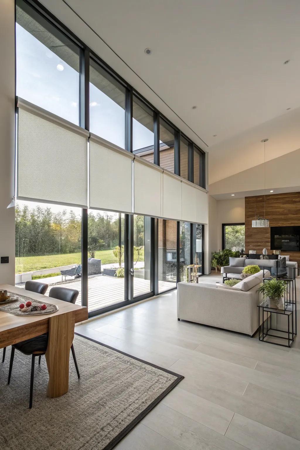 Motorized shades offer stylish solutions for dividing spaces.