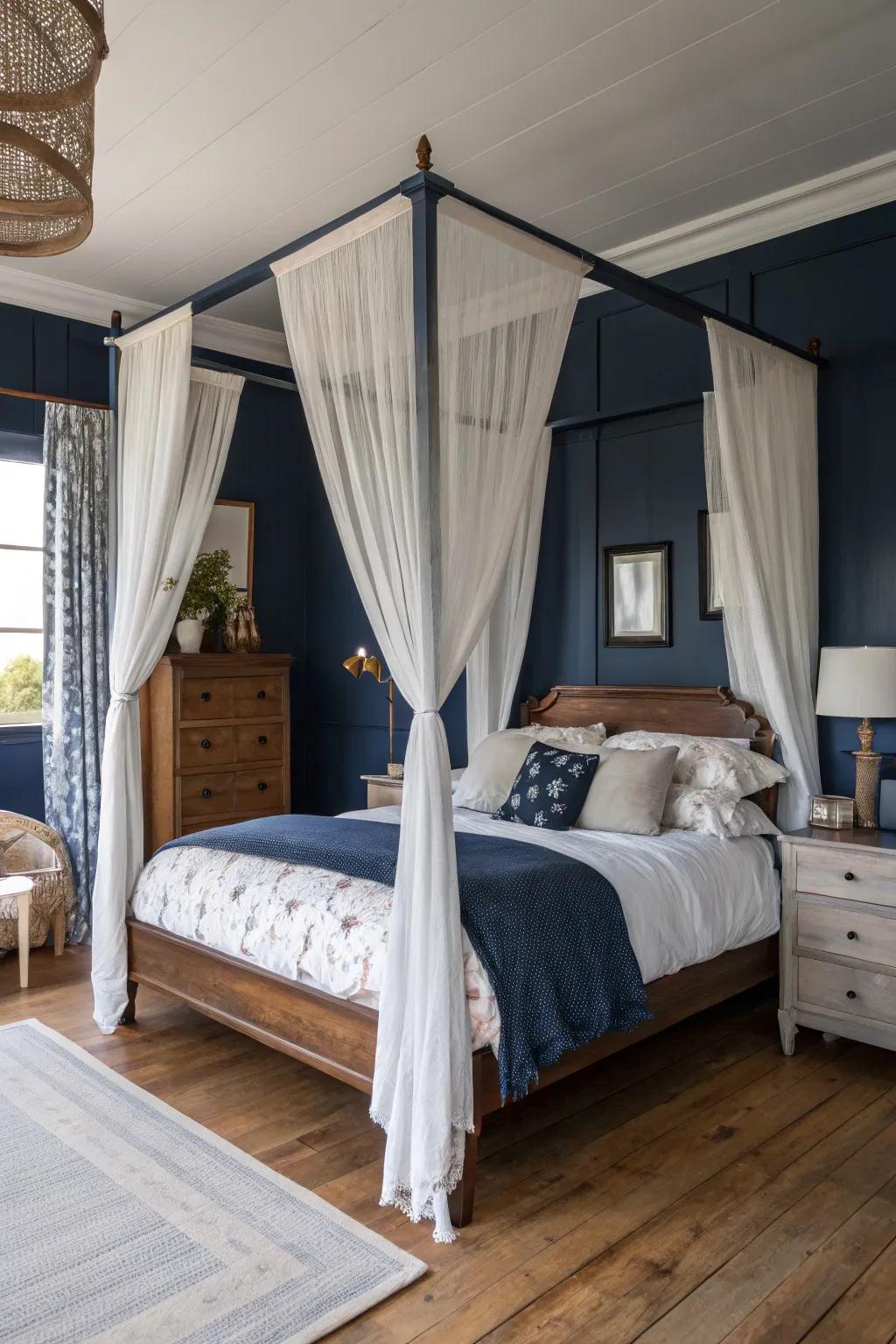 A four-poster bed injects a dreamy, romantic touch into your deep sea blue haven.