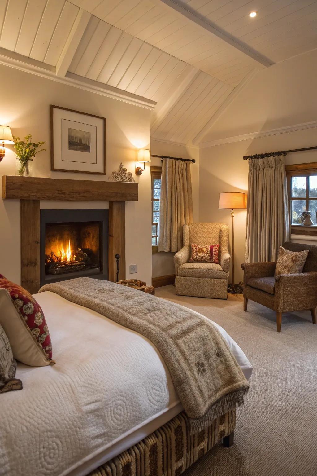 A snug hearth fashions a warm and romantic ambiance in the bedroom.