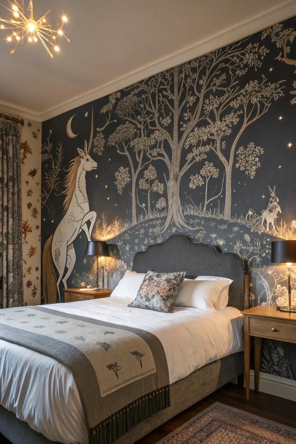 Dreamlike wallpapers add a fairy-tale charm to the Victorian Gothic décor.