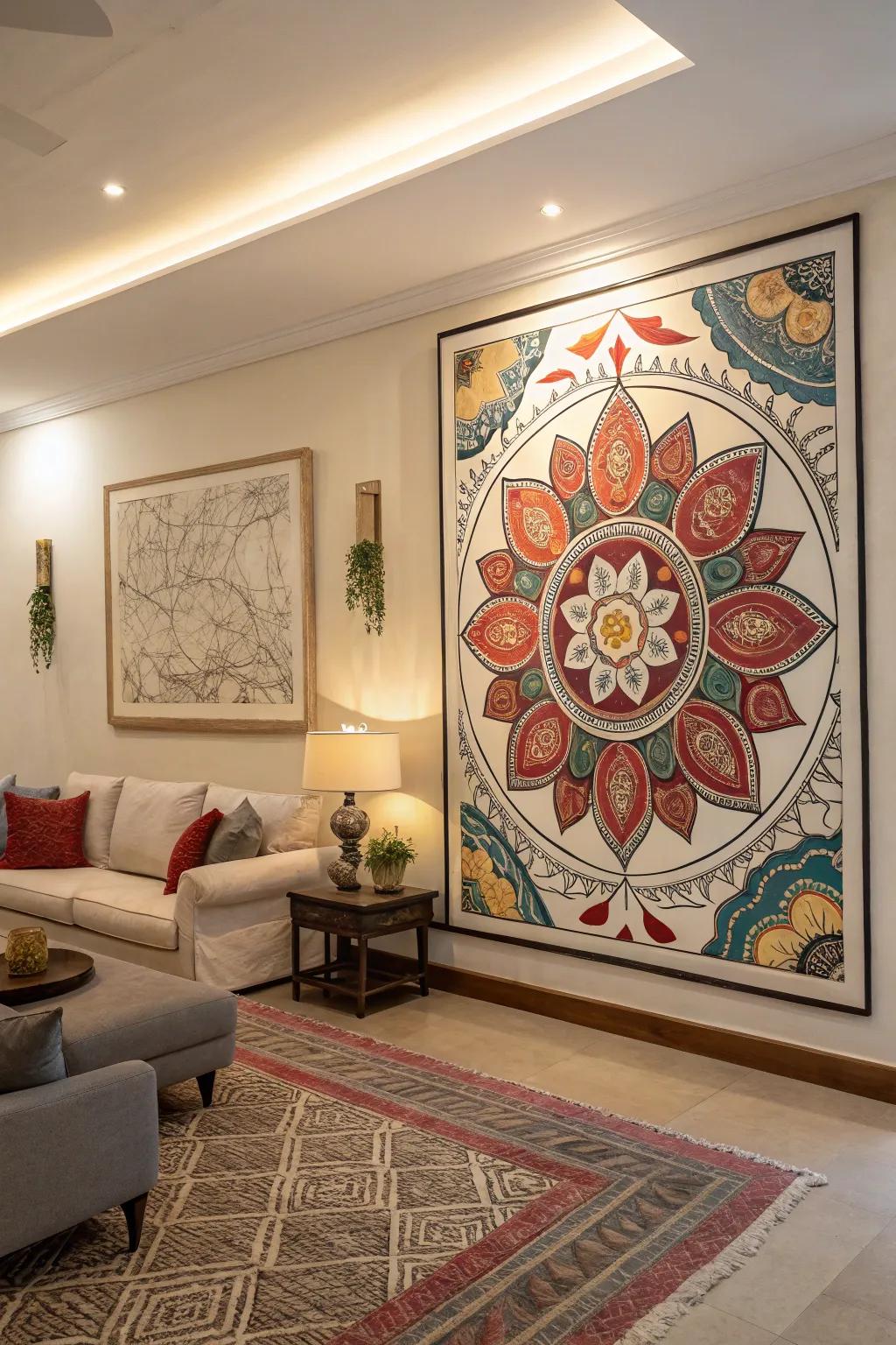 A room anchored using a striking piece of artistic wall decor.