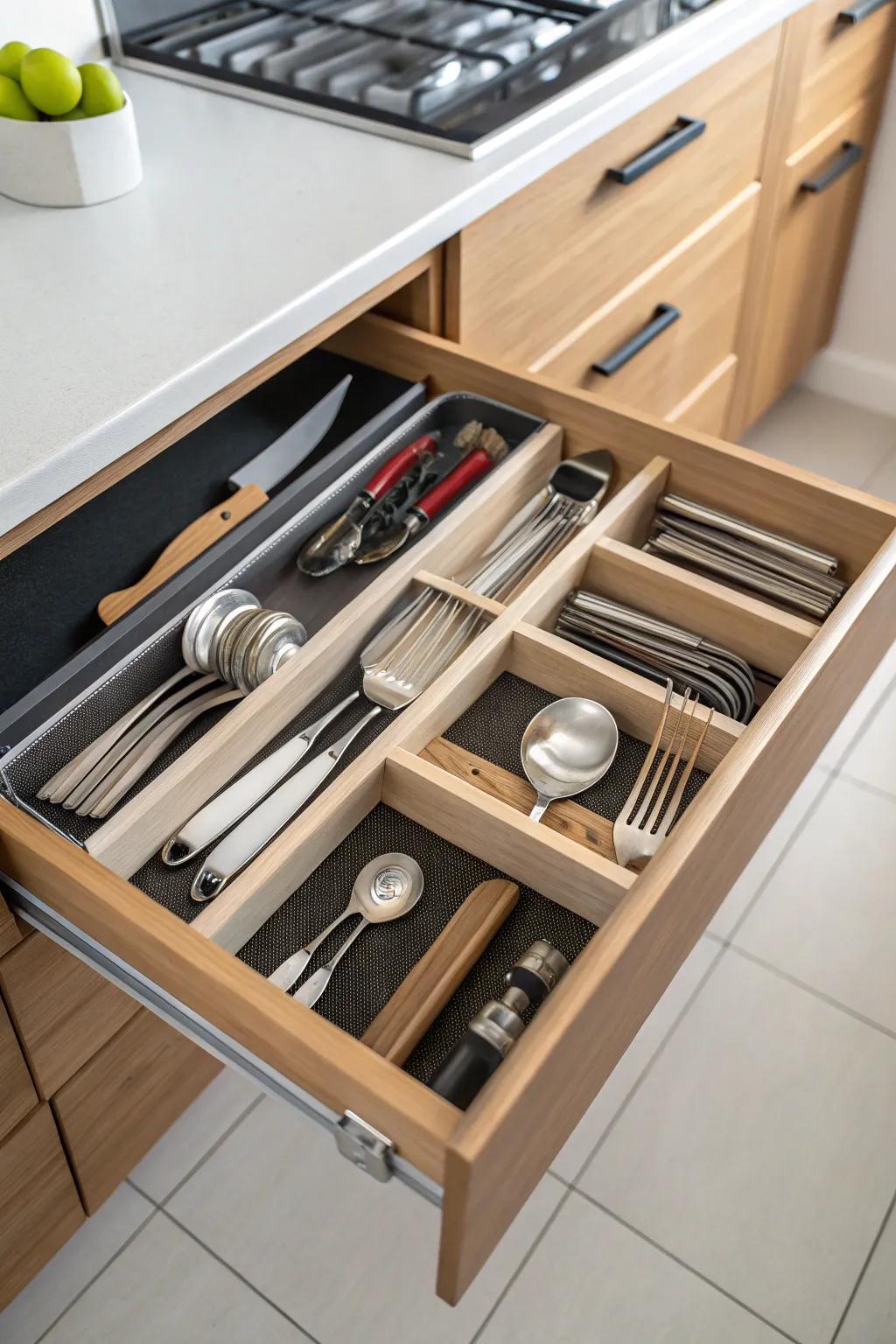 Drawer separators organize and add compartments.