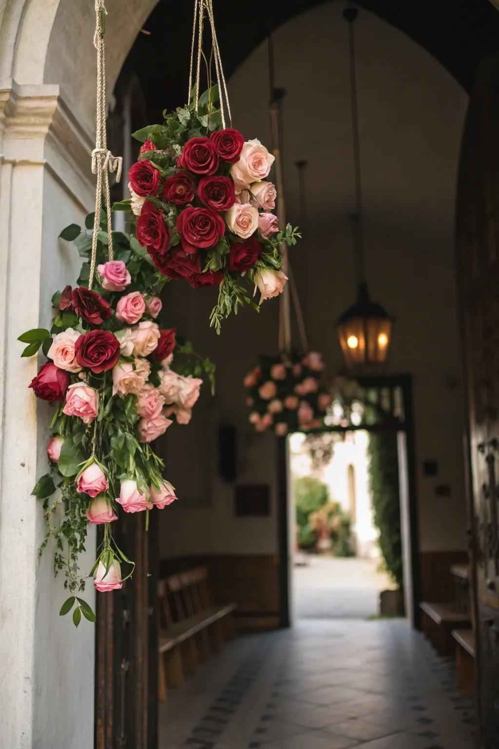 Dramatic entry featuring suspended rose bouquets.
