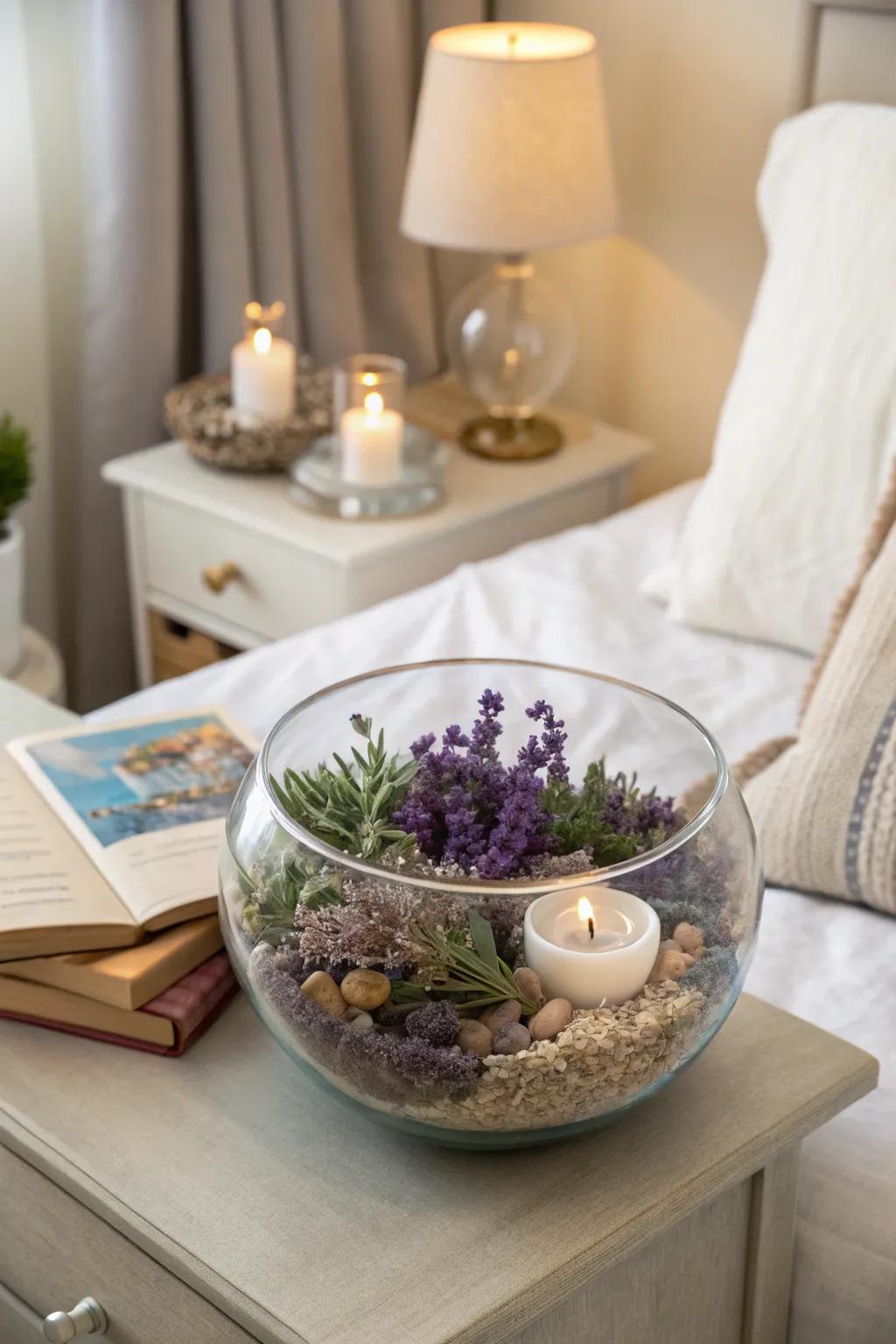 Dessicated lavender nested in a glass bowl provides a scented and comforting presence.
