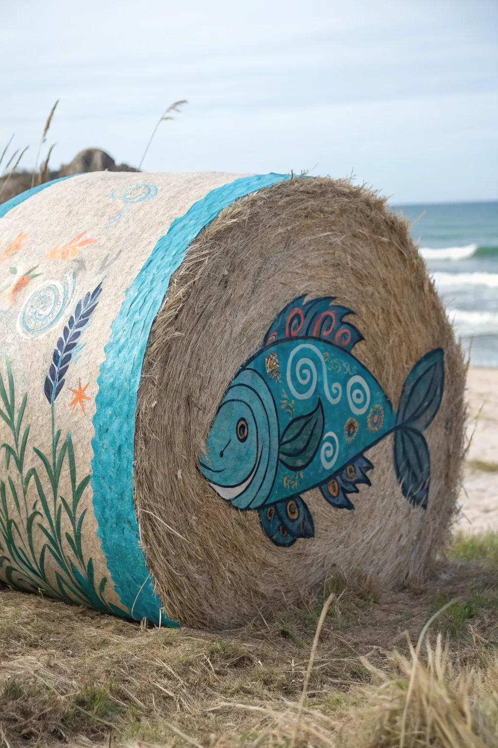 Create a splash through hay bales altered into vibrant subaquatic creatures for a distinctive outdoor theme.