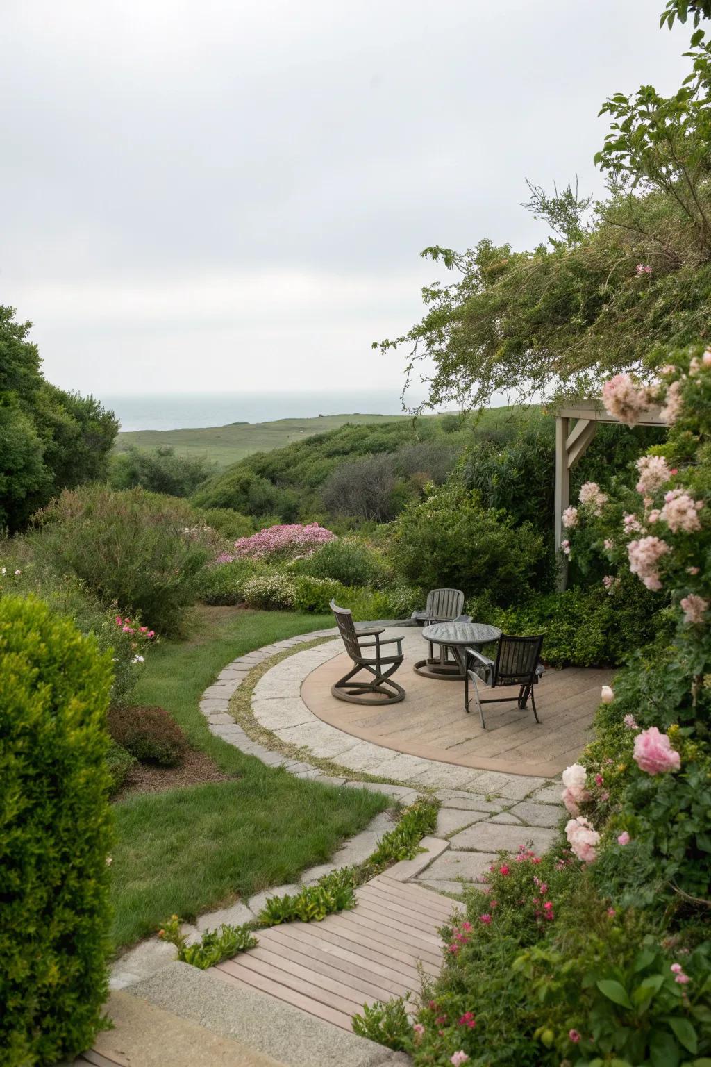 Integration with the landscape enhances this patio's natural beauty.
