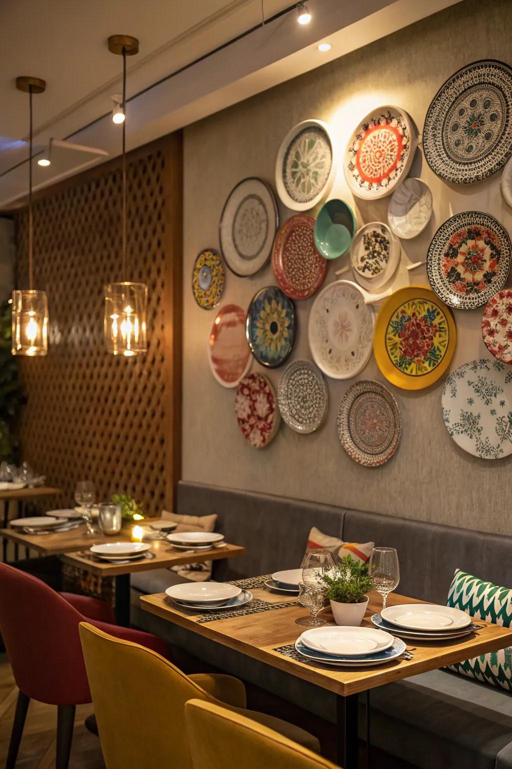 A dining area featuring an assorted display of circular plates on the wall.