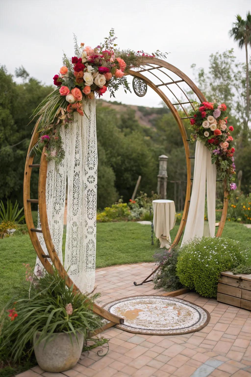 An assorted circular wedding arch featuring mixed materials.