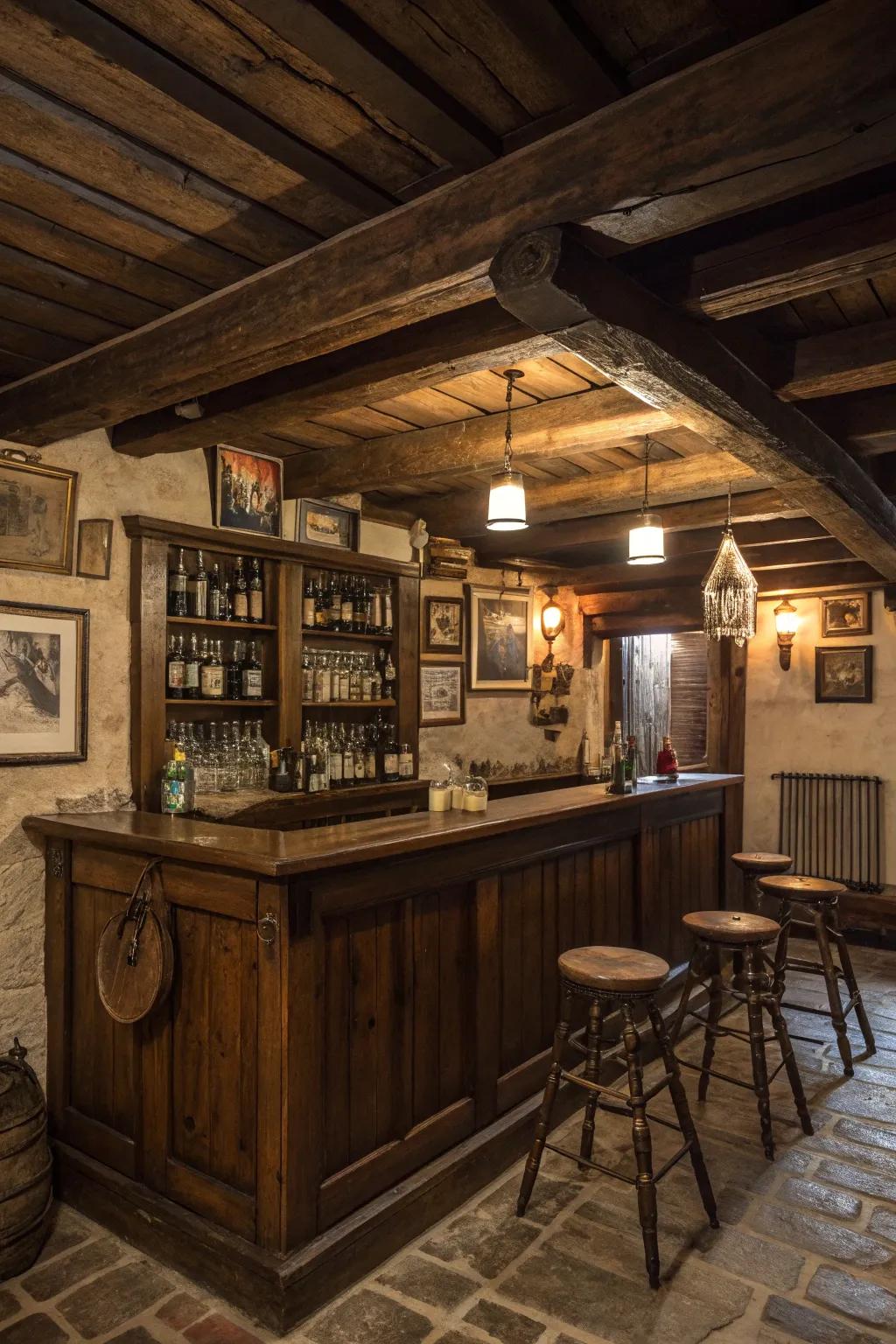 Ceiling with timber beams enhancing the countryside-inspired allure of the bar.