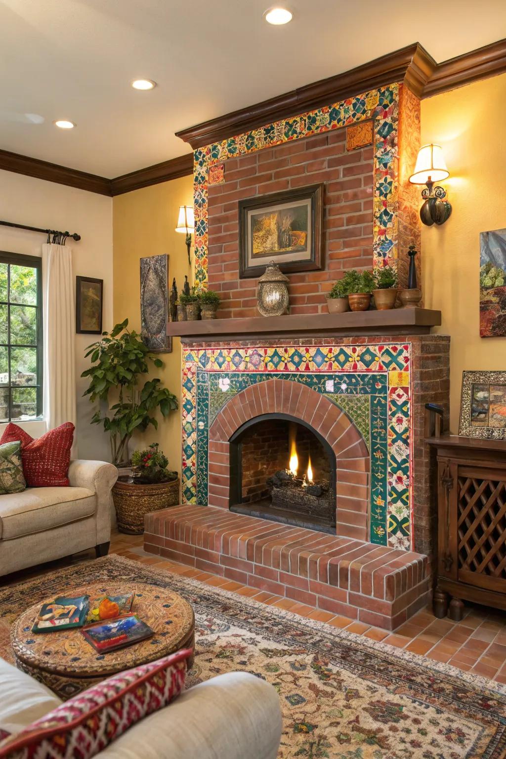 Your fireplace gains a unique touch with tile highlights.