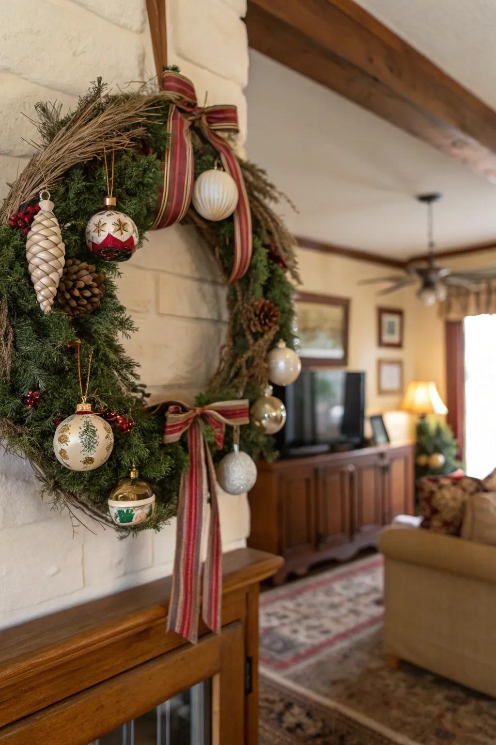 Vintage baubles introduce a nostalgic allure to this wreath.