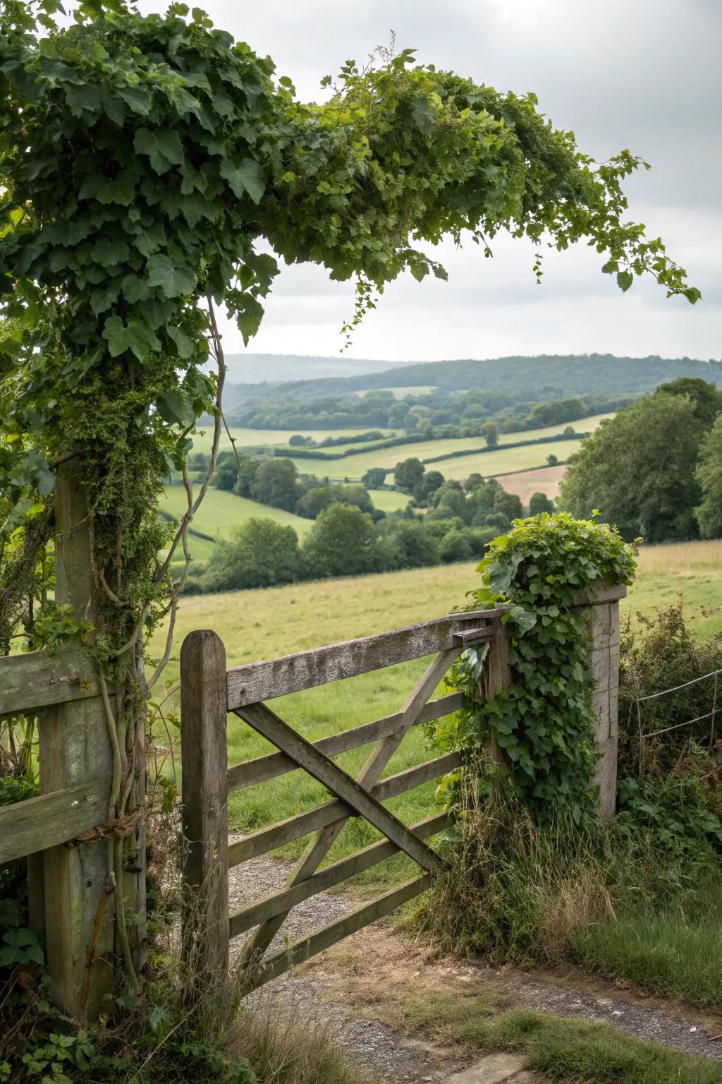 An alluring gate adorned with ascending vines.