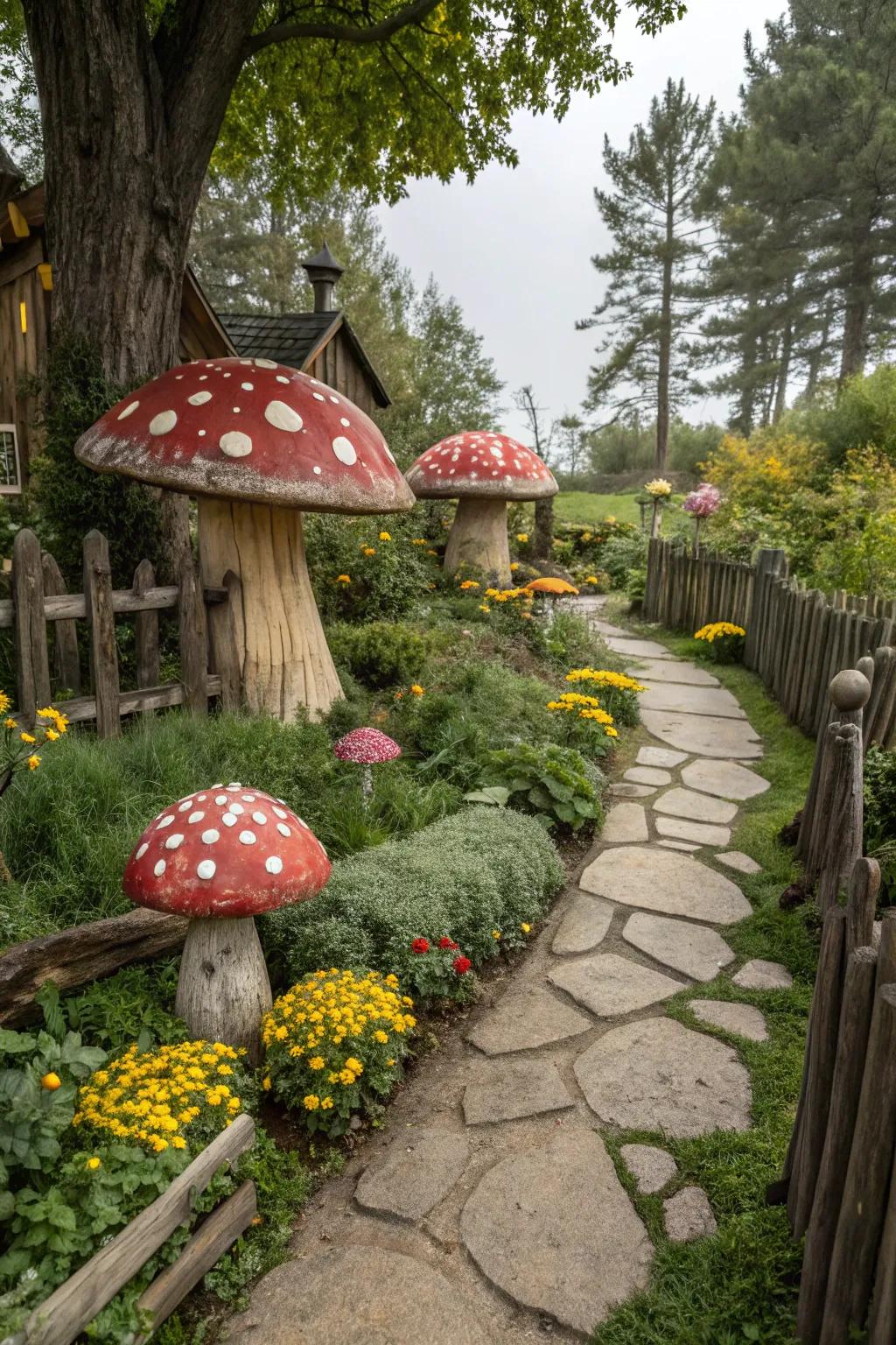 Mushroom decor introducing whimsy to the garden.