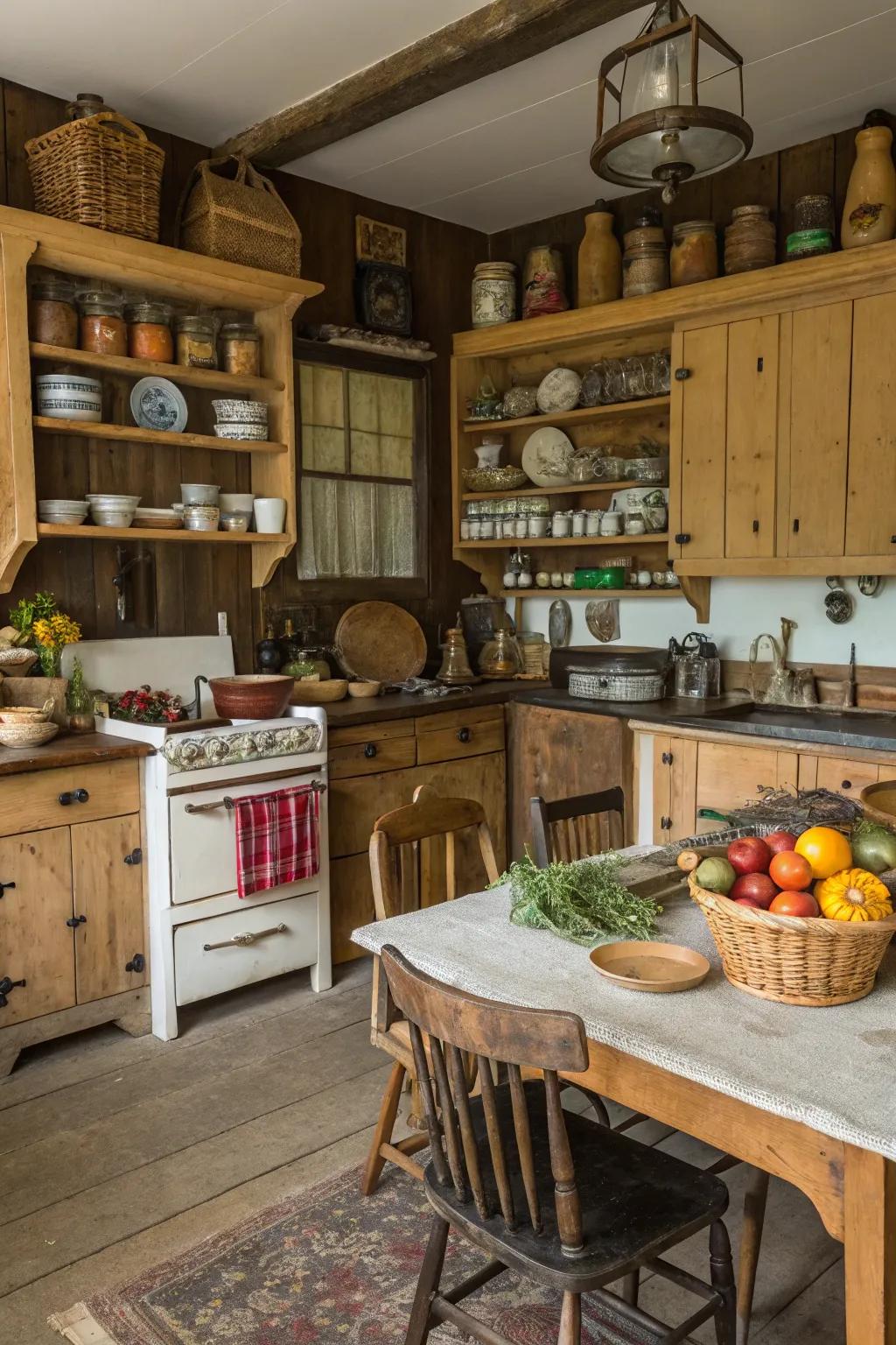 Flea market finds add homey warmth and charm to country-style cooking spaces.