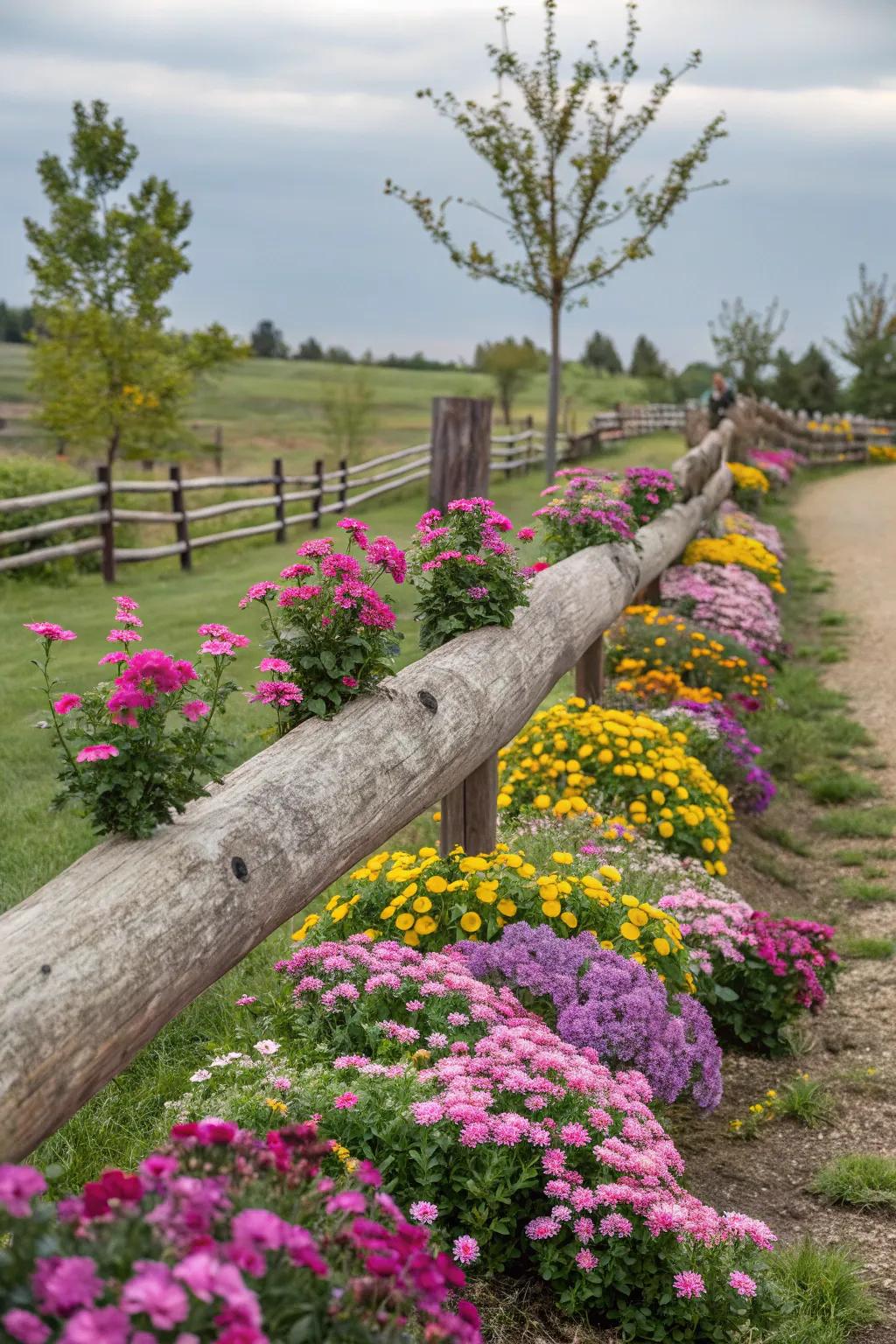 A floating timber barrier includes a whimsical element to a colorful garden landscape.
