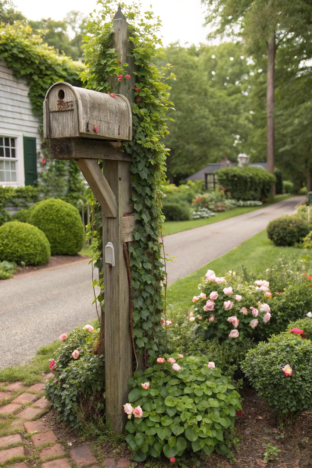 A garden lattice supports greenery, enhancing vitality to this mailbox stand.